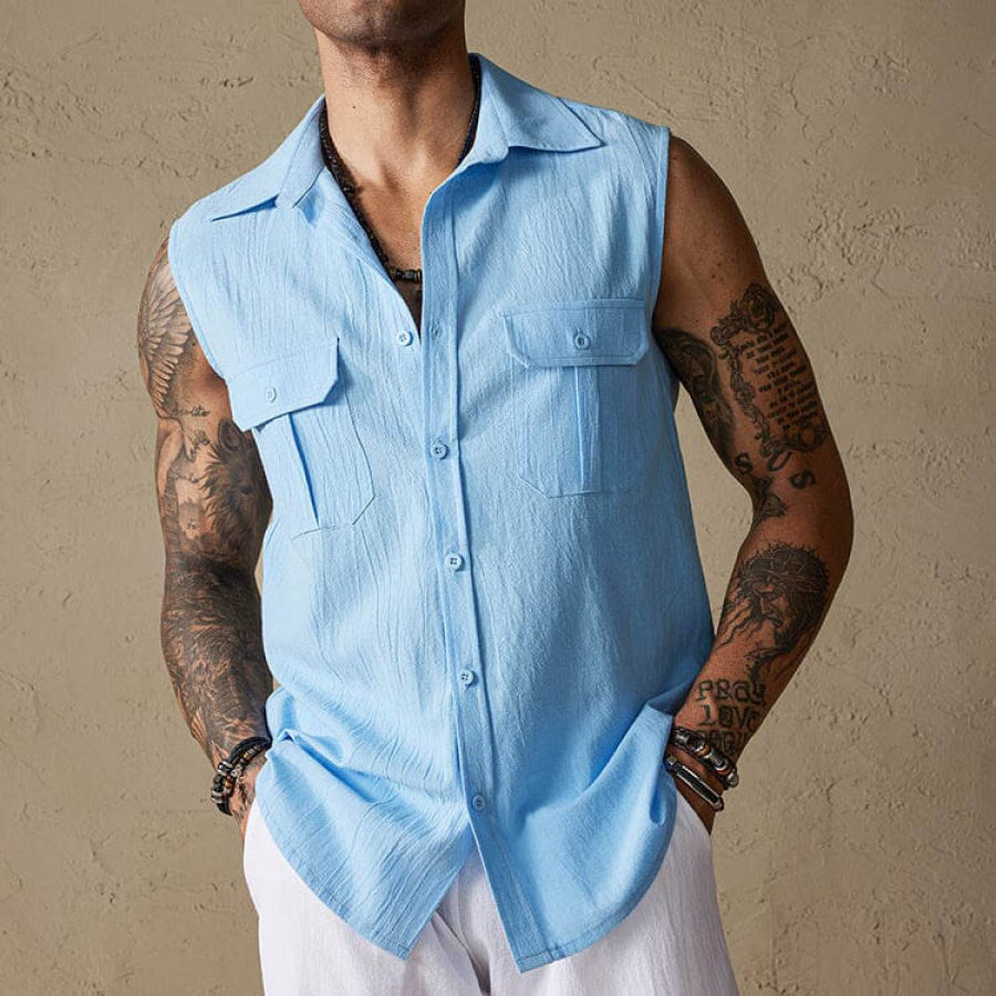 

Gilet En Coton Et Lin Pour Hommes Chemise Sans Manches Avec Poche Débardeur Décontracté Pour Vacances Hawaïennes