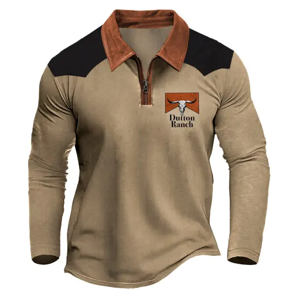 Men's T-Shirt Zipper Polo Patchwork Leather Yellowstone Dutton Ranch Print Long Sleeve Vintage Outdoor Color Block Daily Tops