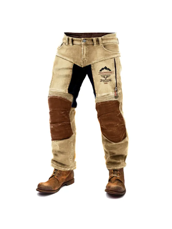 Men's Motorcycle Pants Outdoor Vintage Yellowstone Washed Cotton Washed Zippered Pocket Trousers - Ootdmw.com 