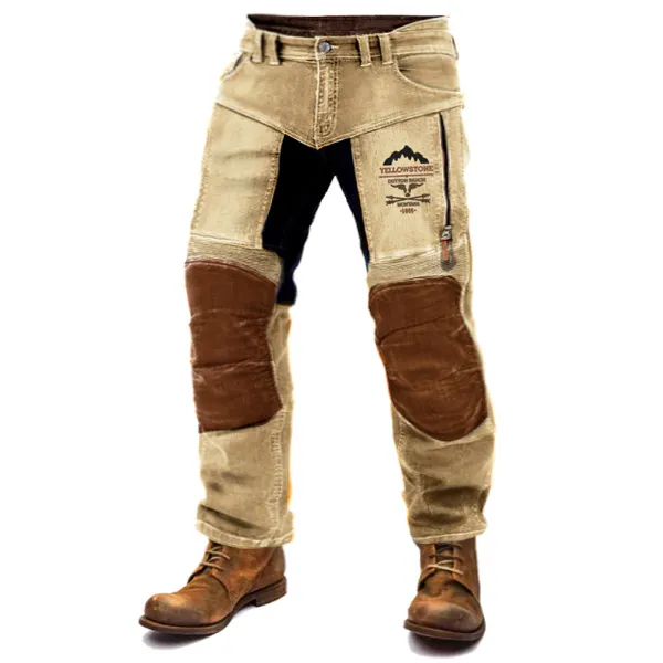Men's Yellowstone Motorcycle Pants Outdoor Vintage Washed Cotton Zipper Pocket Trousers 