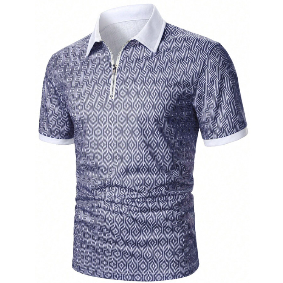 

Men Geo Print Contrast Collar Quarter Zip Polo Shirt