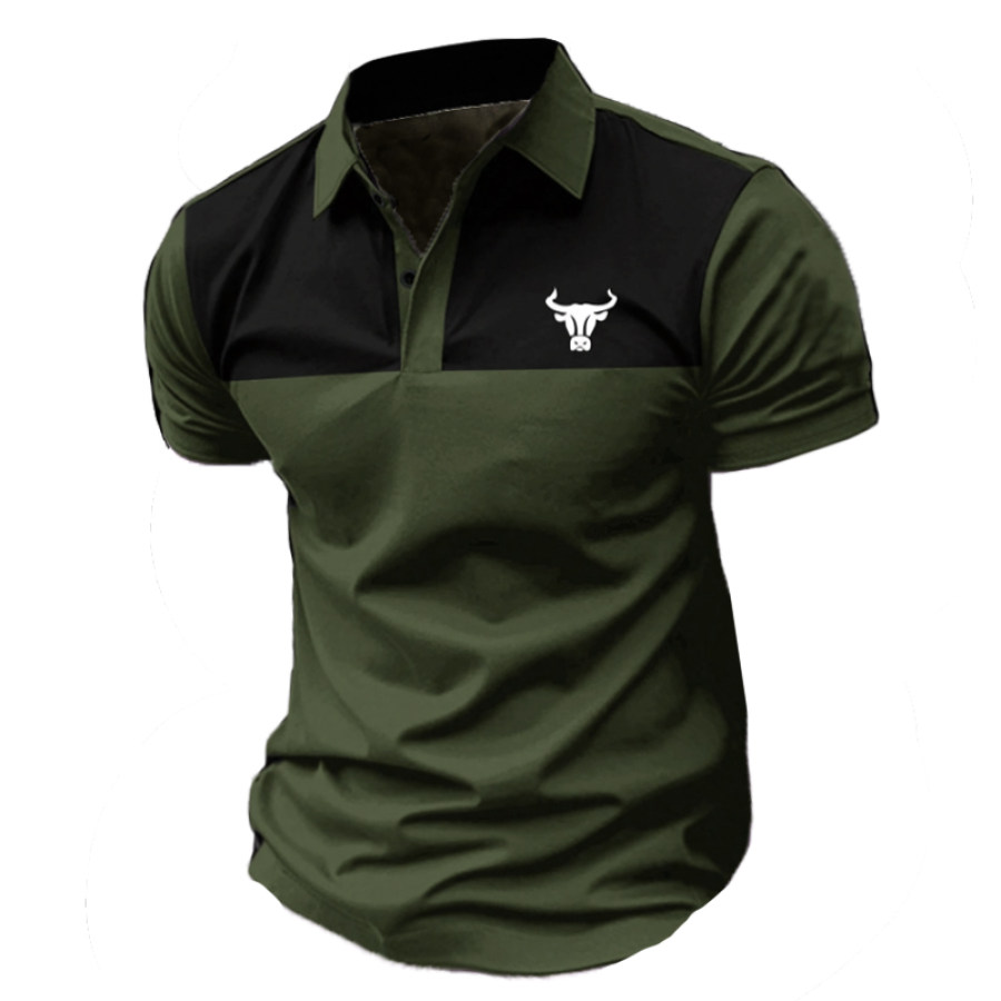 

Men's Color Block Polo Shirt With Cow Head Print