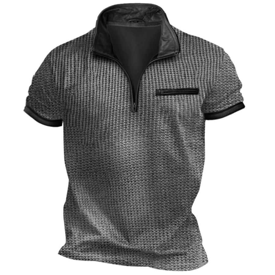 

Мужская вафельная футболка с кожаным лацканом на молнии 1/4 и коротким рукавом винтажный карманный пуловер на каждый день