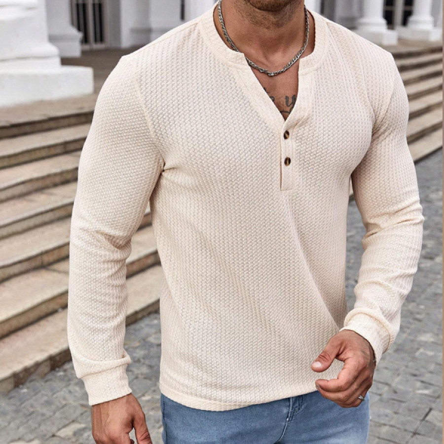 

T-shirt Décontracté à Manches Longues En Tricot Gaufré à Col Henley Pour Hommes