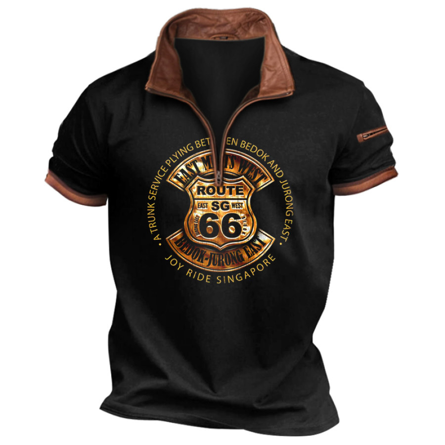 

T-shirt à Revers En Cuir Route 66 Pour Hommes Bloc De Couleurs Manches Courtes Fermeture éclair 1/4