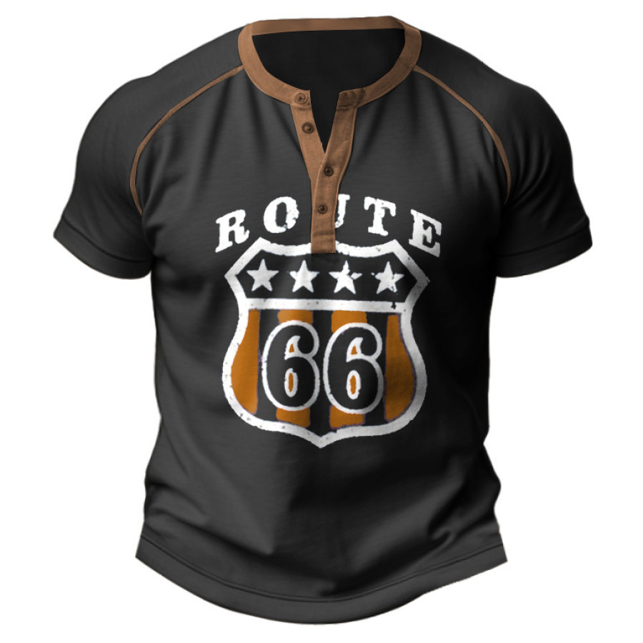 

Herren T-Shirt Henley Route 66 Print Kontrastfarbe Outdoor Kurzarm Sommer Alltag Tops