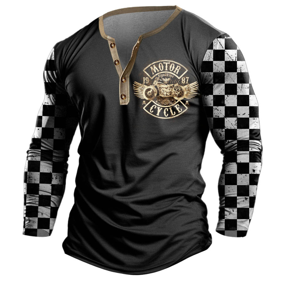

Мужская футболка Henley Мотоциклетная шахматная доска с принтом контрастного цвета с длинным рукавом На открытом воздухе Повседневные топы
