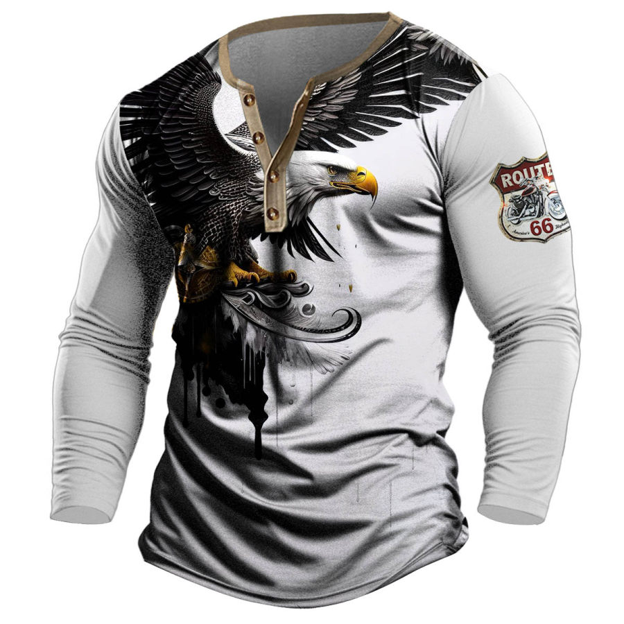 

Men's T-Shirt Henley Eagle Route 66 Motorcycle Print Contrast Color Long Sleeve Outdoor Daily Tops
