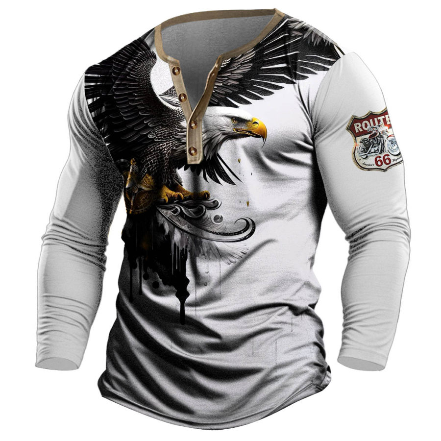 

Camiseta Para Hombre Henley Eagle Route 66 Estampado De Motocicleta Color De Contraste Manga Larga Tops Diarios Al Aire Libre