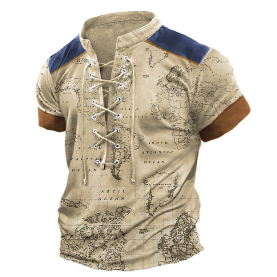 

Camiseta Para Hombre Vintage Mapa Del Mundo Estampado Con Cordones Cuello Alto Bloque De Color Tops Diarios