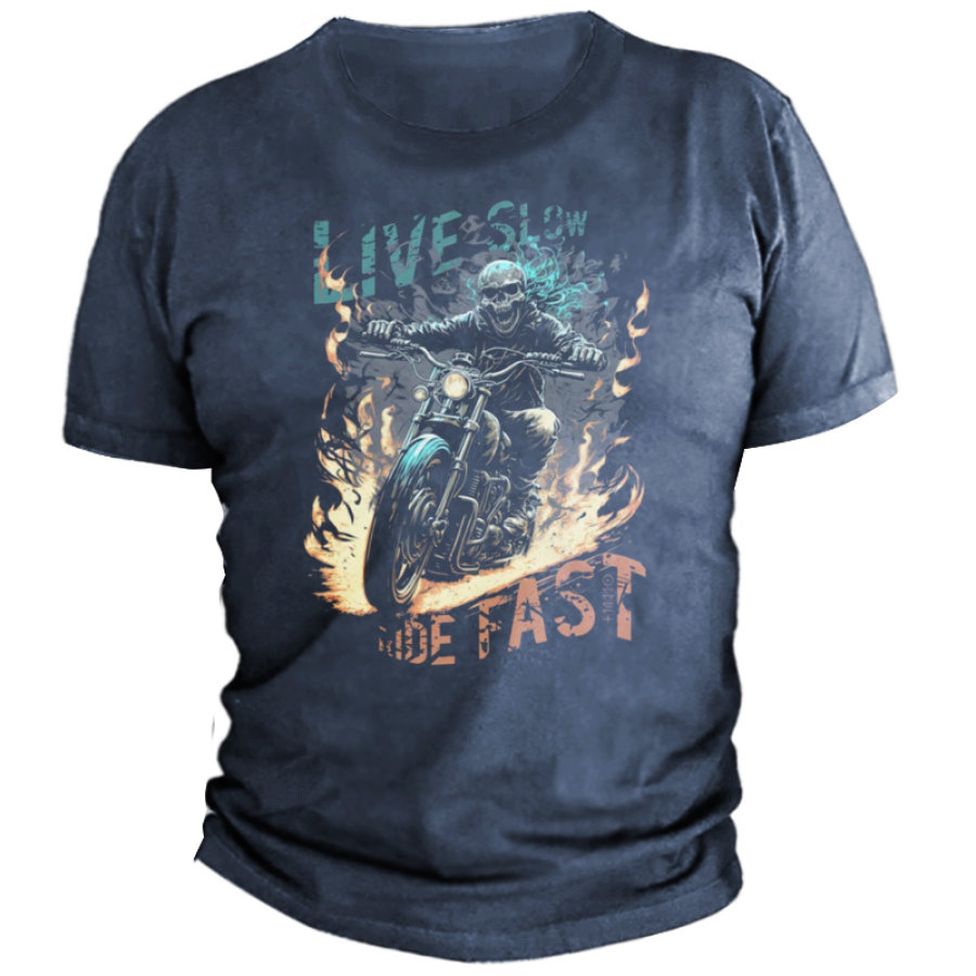 

Herren Live Slow Ride Fast Kurzarm-T-Shirt Mit Totenkopf-Motorrad-Aufdruck