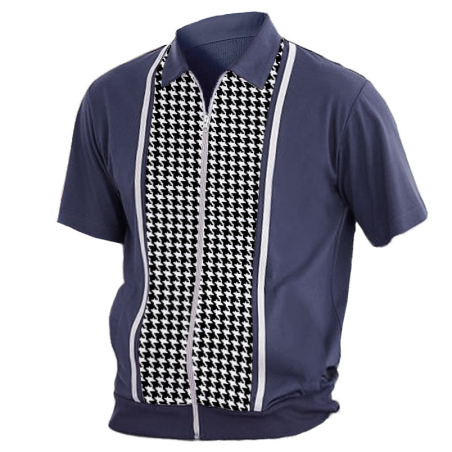 

Men's Business Casual Houndstooth Zipper Polo Shirt
