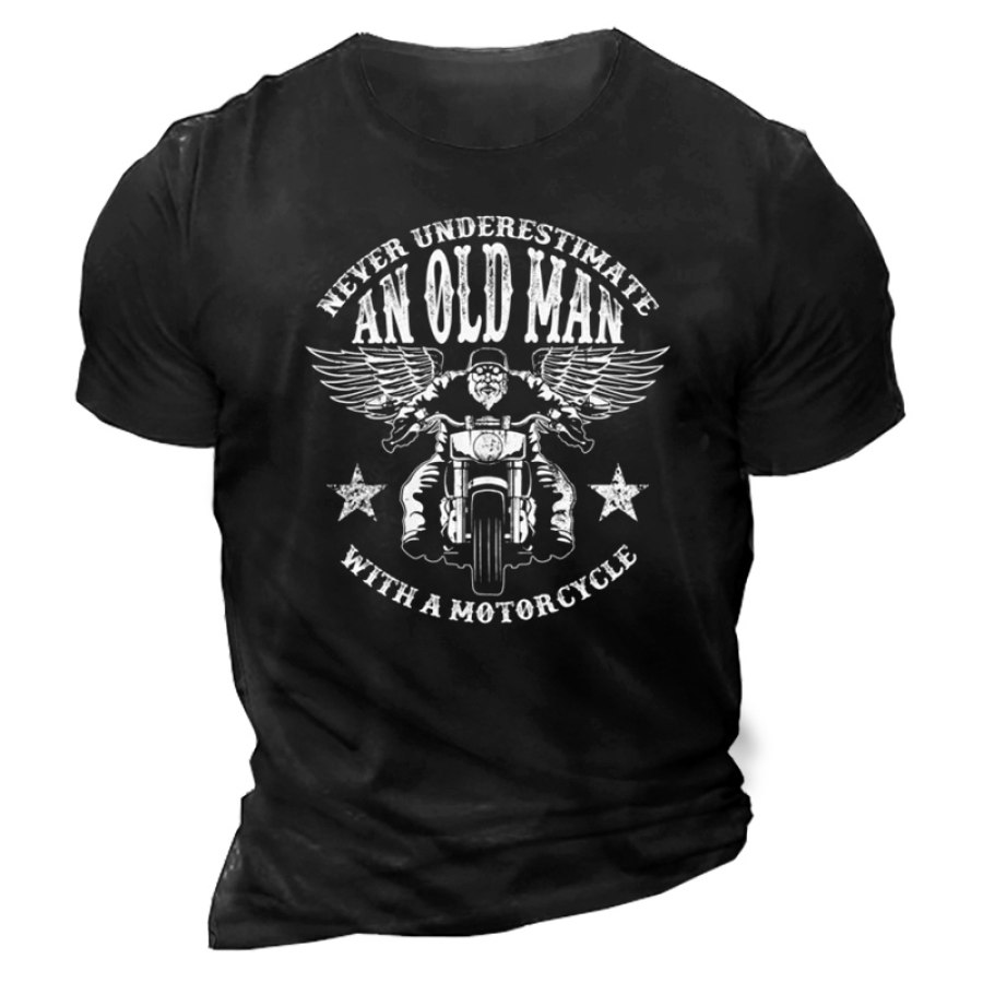 

Männer Unterschätzen Niemals Einen Alten Mann Mit Einem Motorrad-T-Shirt. Retro-Motorrad-Papa-T-Shirt