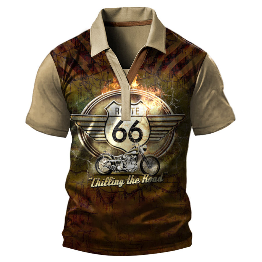 

Herren Route 66 Revers-T-Shirt Road Trip Kurzarm-Farbblock-T-Shirt