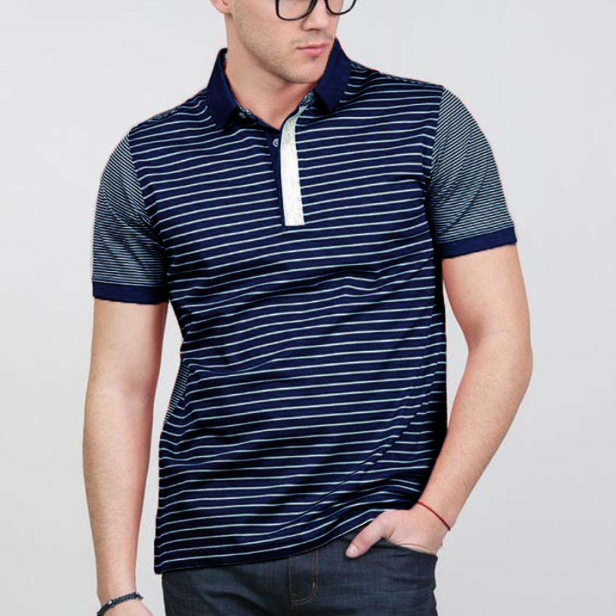 

Camiseta Con Cuello Tipo Polo A Rayas Y Cuello En Contraste Para Hombre