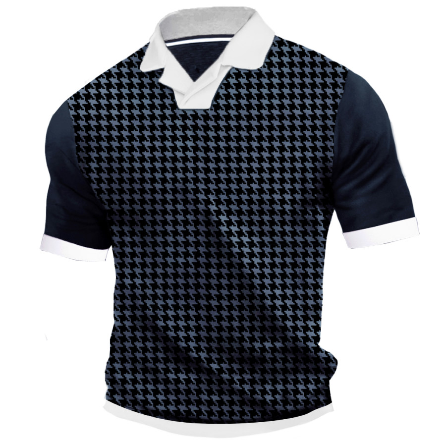 

Men's Houndstooth Cuban Collar Contrast Color Business Casual Polo Shirt