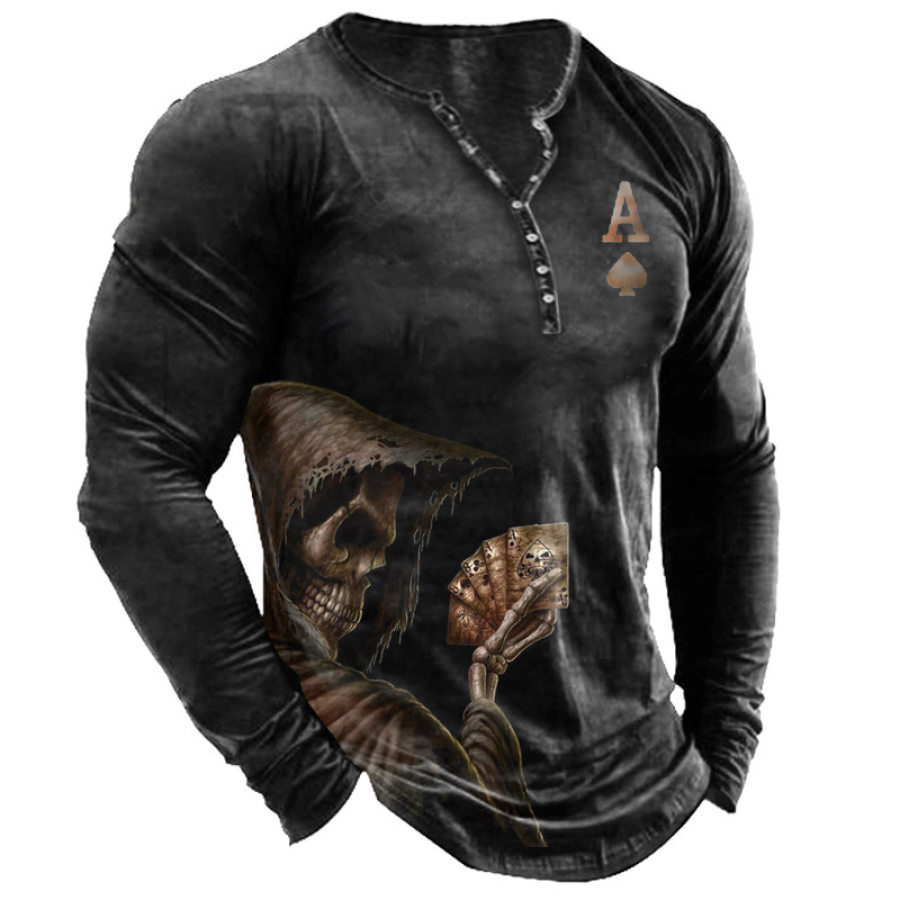 

T-shirt Henley à Manches Longues Avec Imprimé Crâne De Poker Foncé Pour Hommes