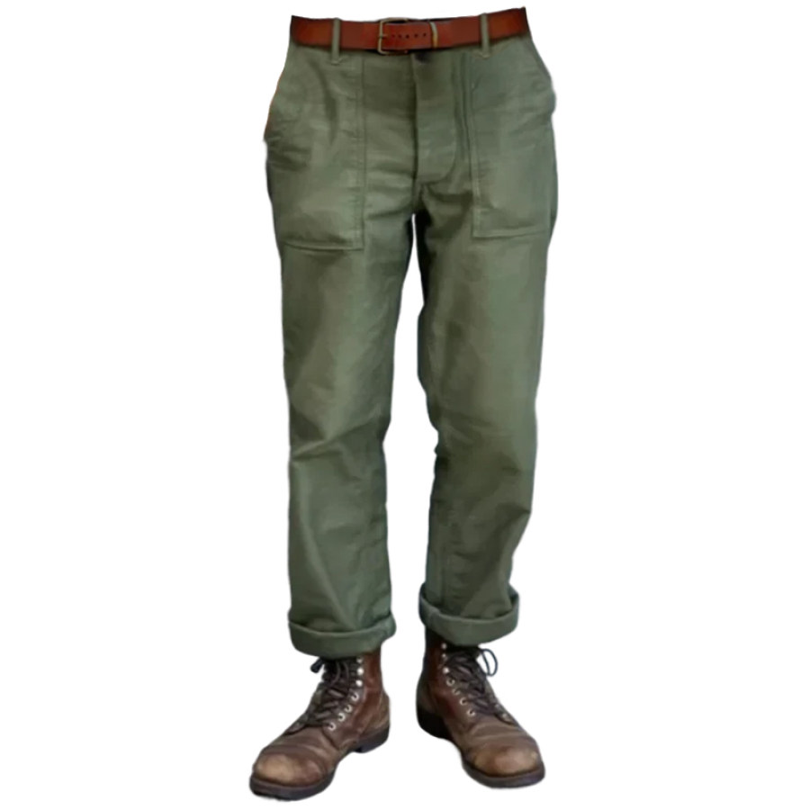 

Pantalones Casuales De Carga Con Botones De Bolsillo Simple Retro Para Hombre Verde Militar