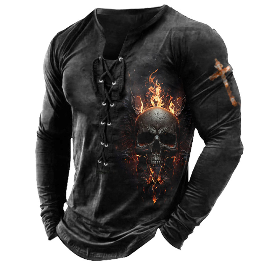 

T-shirt à Manches Longues à Lacets Et Imprimé Tête De Mort Foncé Pour Hommes