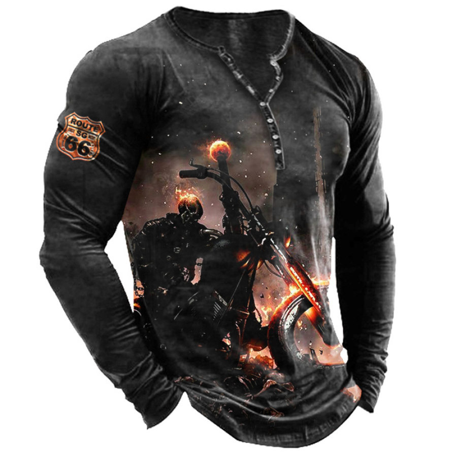 

T-shirt Henley à Manches Longues Pour Hommes Route 66 Road Trip Skull Knight Print