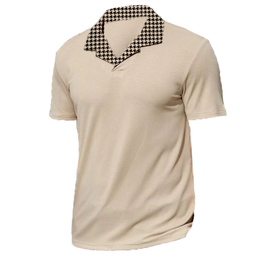 

Men's Business Casual Houndstooth Contrasting Cuban Collar Polo Shirt