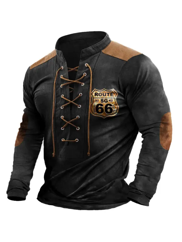 Men's T-Shirt Route 66 Lace-Up Stand Collar Vintage Long Sleeve Colorblock Outdoor Daily Tops Black - Valiantlive.com 