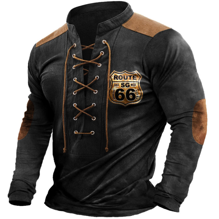 

Men's T-Shirt Route 66 Lace-Up Stand Collar Vintage Long Sleeve Colorblock Outdoor Daily Tops Black