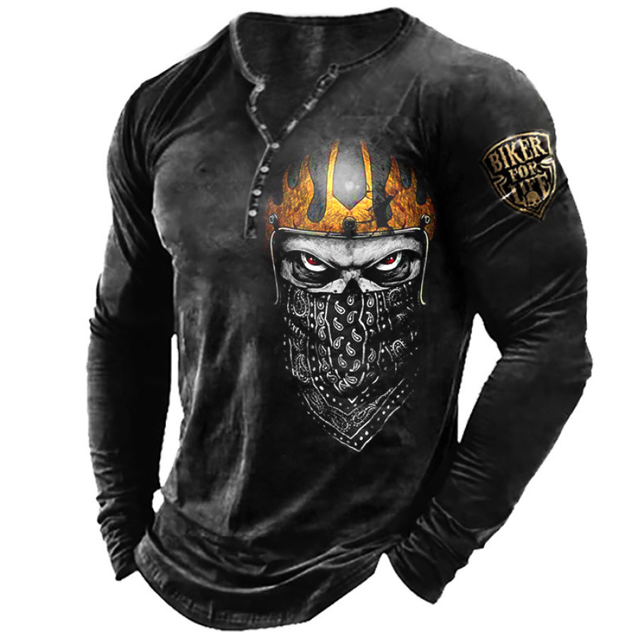 

Men's T-Shirt Henley Mask Motorcycle Skull Long Sleeve Vintage Daily Tops