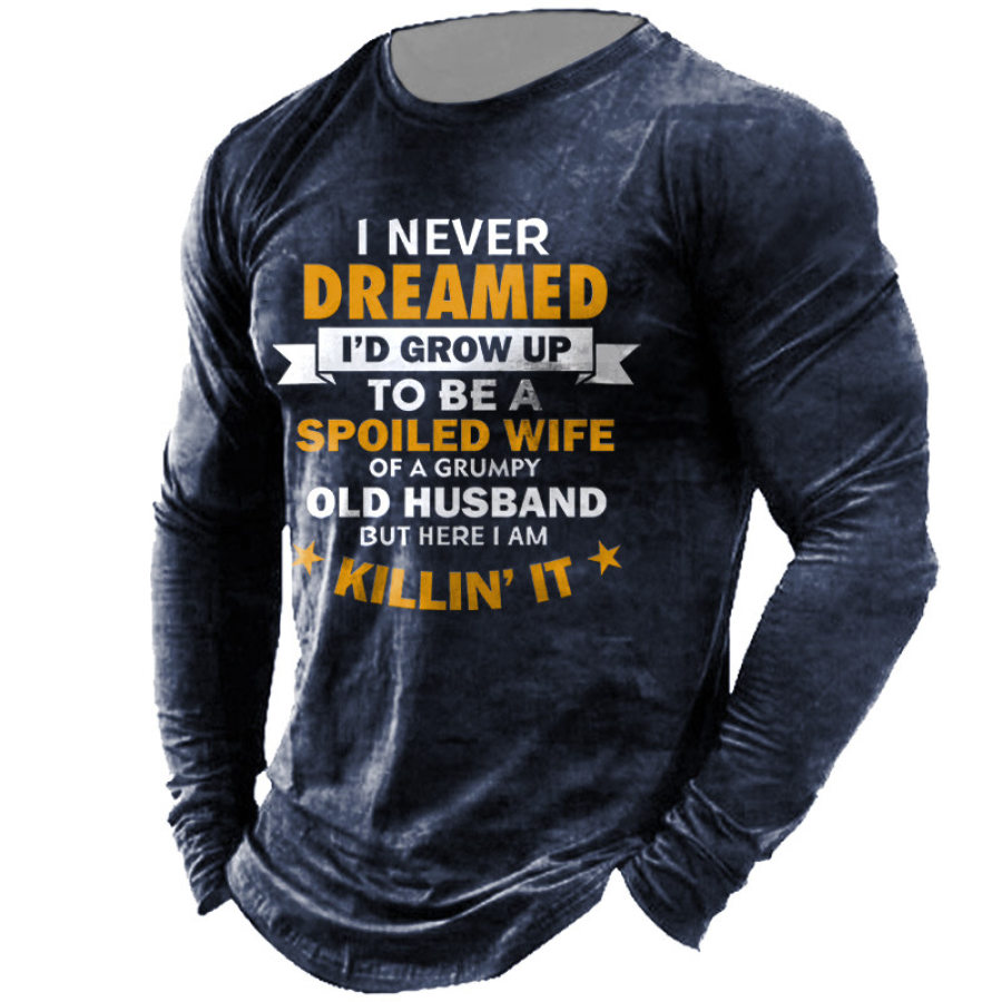 

Men's T-Shirt Spoiled Wife Grumpy Old Husband Print Long Sleeve Vintage Crew Neck Outdoor Daily Tops