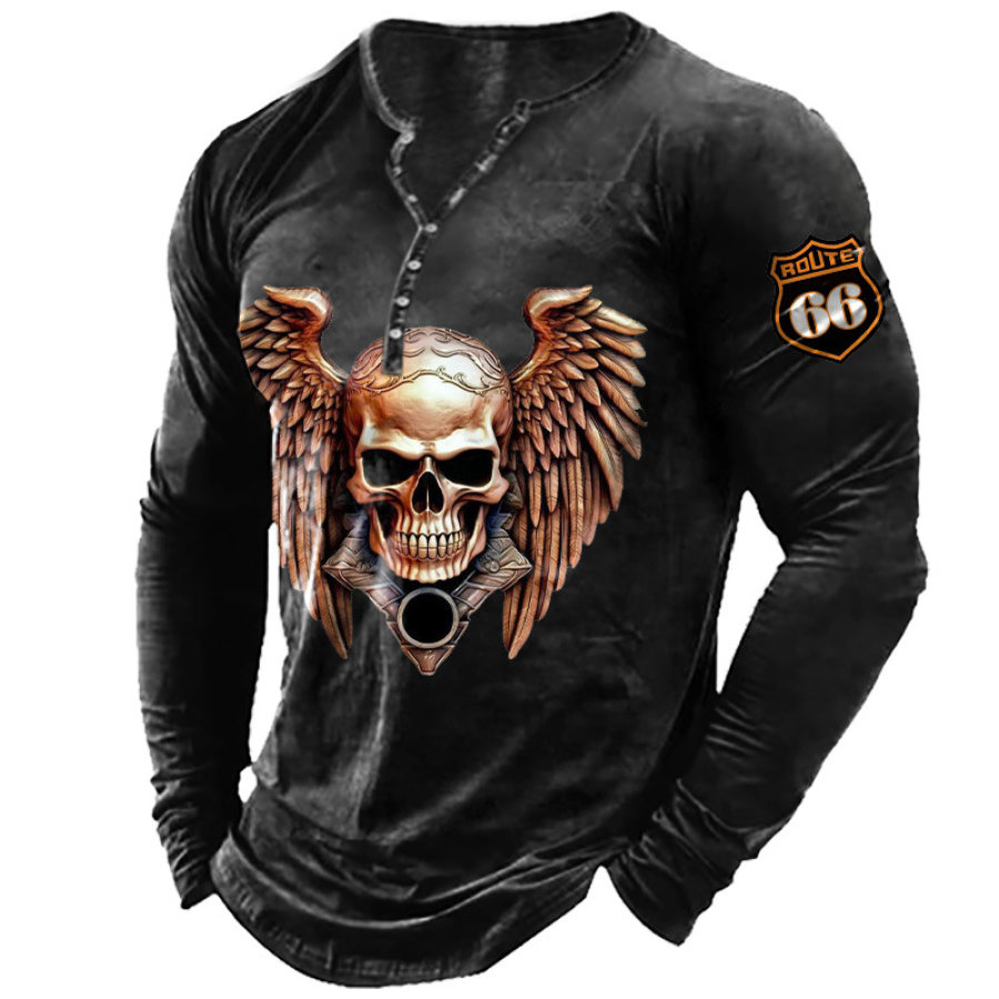 

T-Shirt Homme Henley Dark Skull Wings Route 66 Manches Longues Vintage Hauts Quotidiens