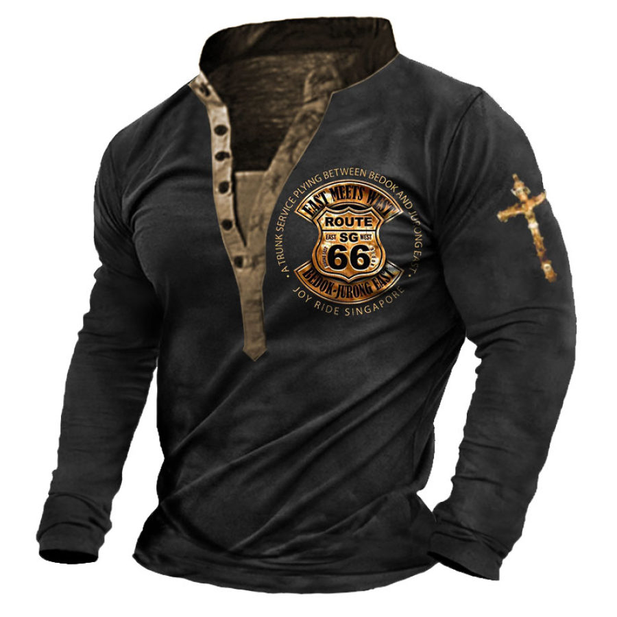 

Мужская футболка Henley Vintage Route 66 Cross Contrast Color с длинными рукавами повседневные топы