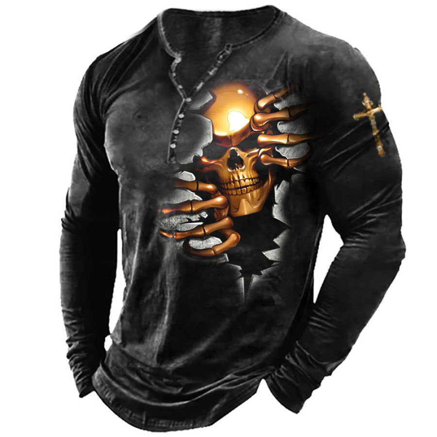 

Camiseta Para Hombre Henley Dark Skull Cross Manga Larga Vintage Tops Diarios