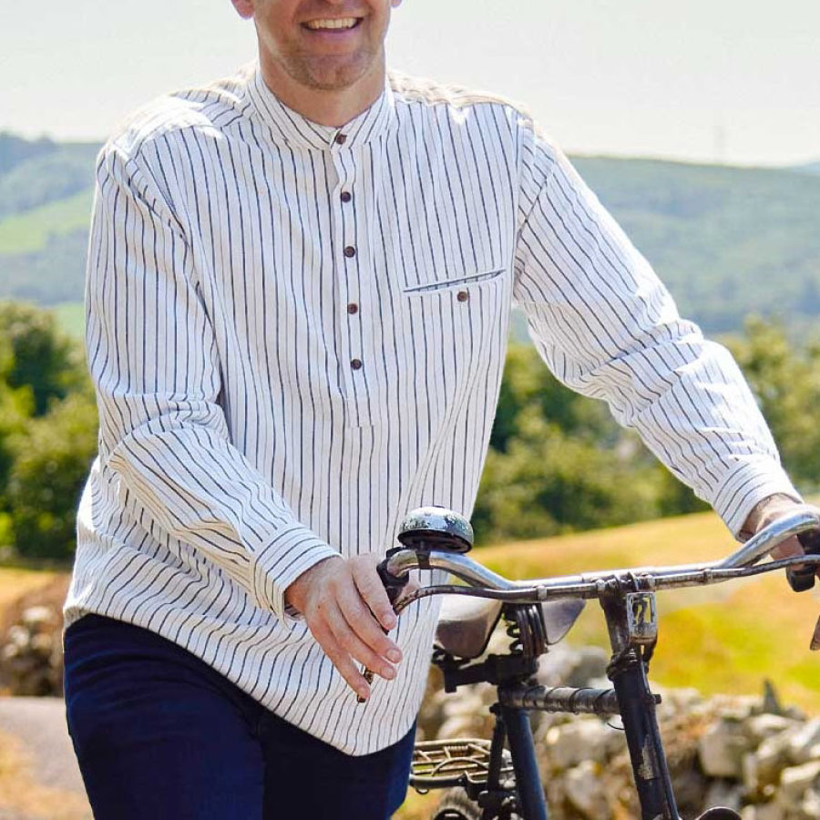 

Men's Grandad Collar Grandfather Shirt Henley Pocket Stripe Long Sleeve Casual Daily Tops