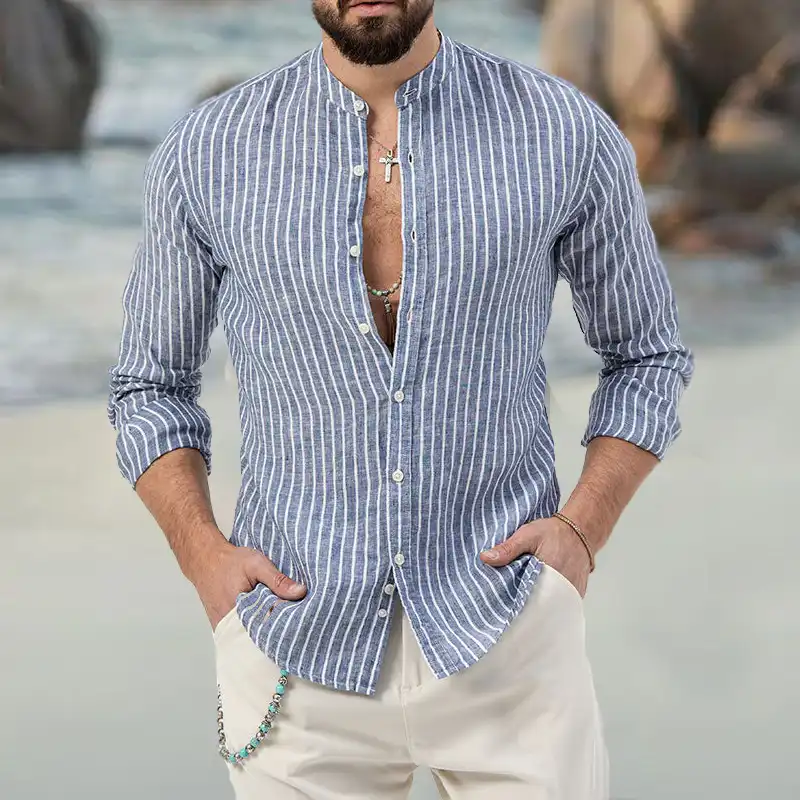 Men's Hawaiian Striped Linen Shirt Casual Comfortable Breathable Long ...