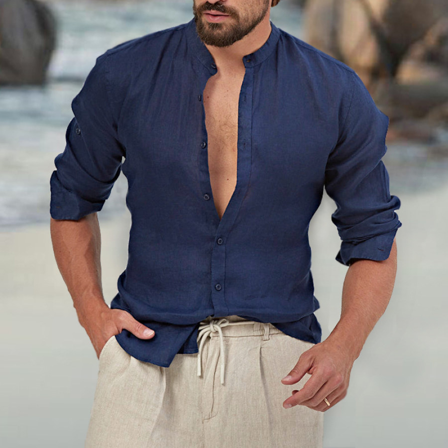 

Camisas Hawaianas De Lino Y Algodón Con Cuello Levantado Bolsillo Con Botones Cómodas Transpirables Suaves Para Vacaciones Y Playa Manga Larga