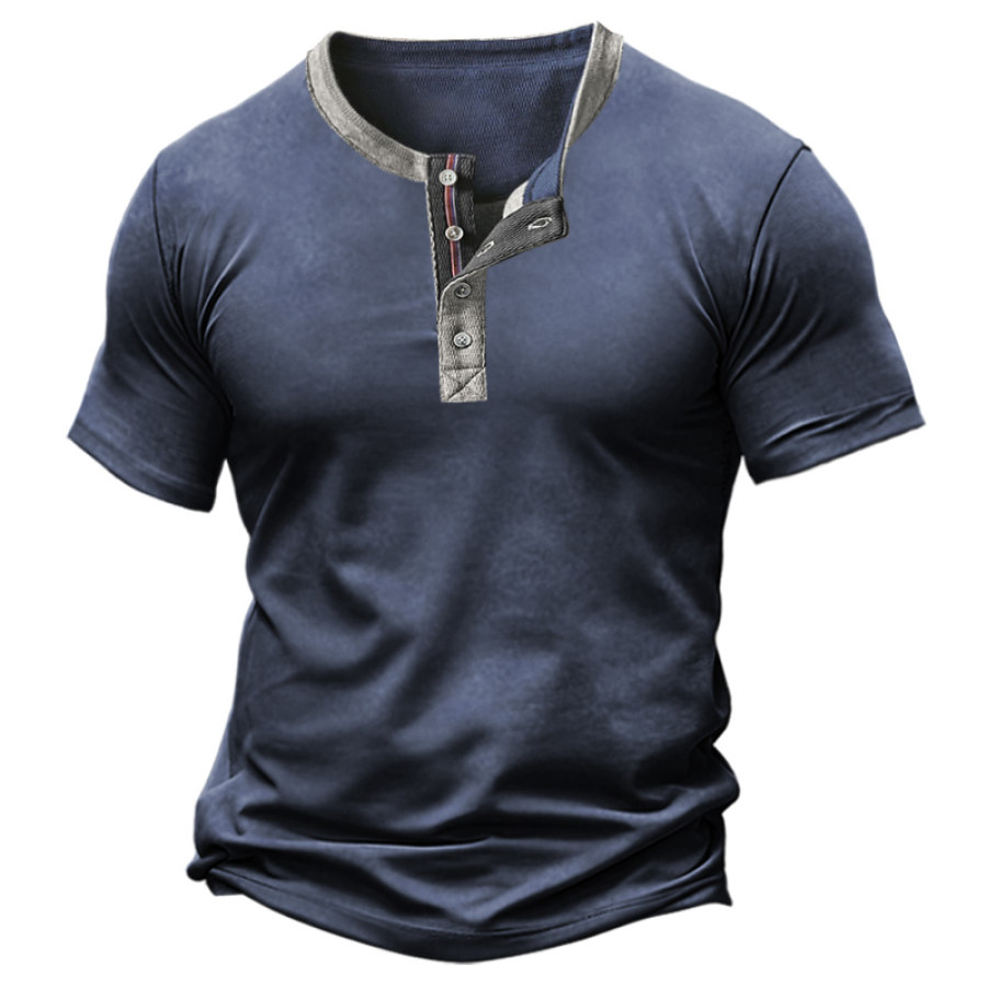 

Henley-T-Shirt Für Herren Vintage 1/4-Knopf Farbblock-Kurzarm-T-Shirt