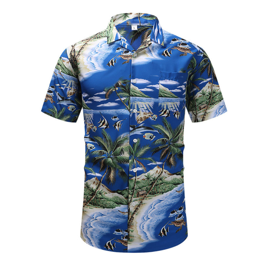 

Sommer-Retro-bedrucktes Hemd Für Herren Kurzärmeliges Hemd Mit Kubanischem Kragen Und Hawaiianischem Muster