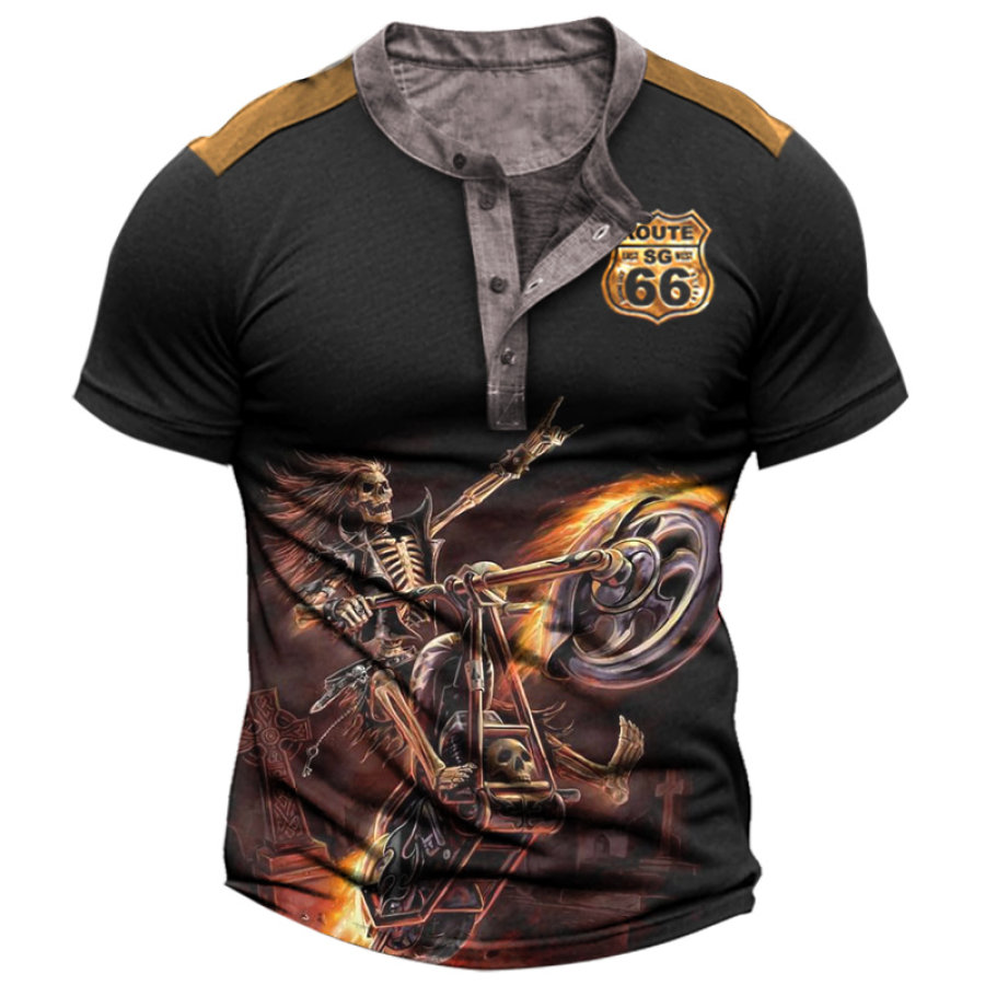 

T-shirt Rétro à 1/4 Boutons Pour Homme Route 66 Skeleton Motorcycle Road Trip