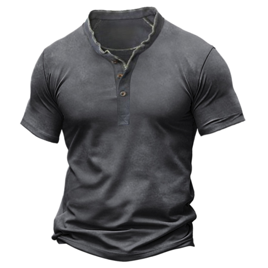 

T-shirt Henry Pour Hommes Rétro Bouton 1/4 Manches Courtes Gris Bleu
