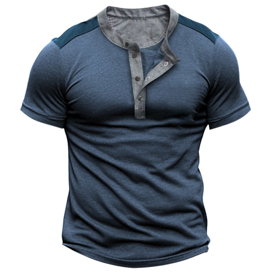 

T-shirt Henley Rétro Pour Hommes Bloc De Couleurs Bouton 1/4 Manches Courtes