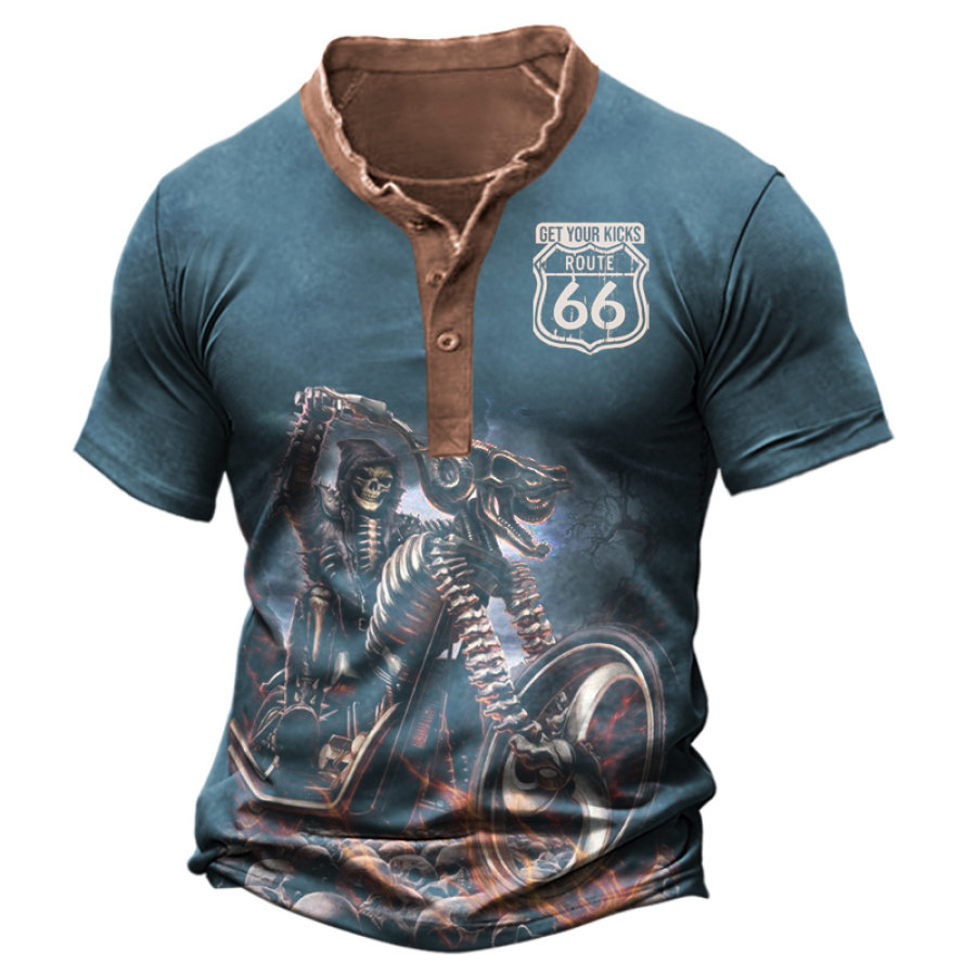 

T-shirt Rétro à 1/4 Boutons Pour Homme Route 66 Skeleton Motorcycle Road Trip