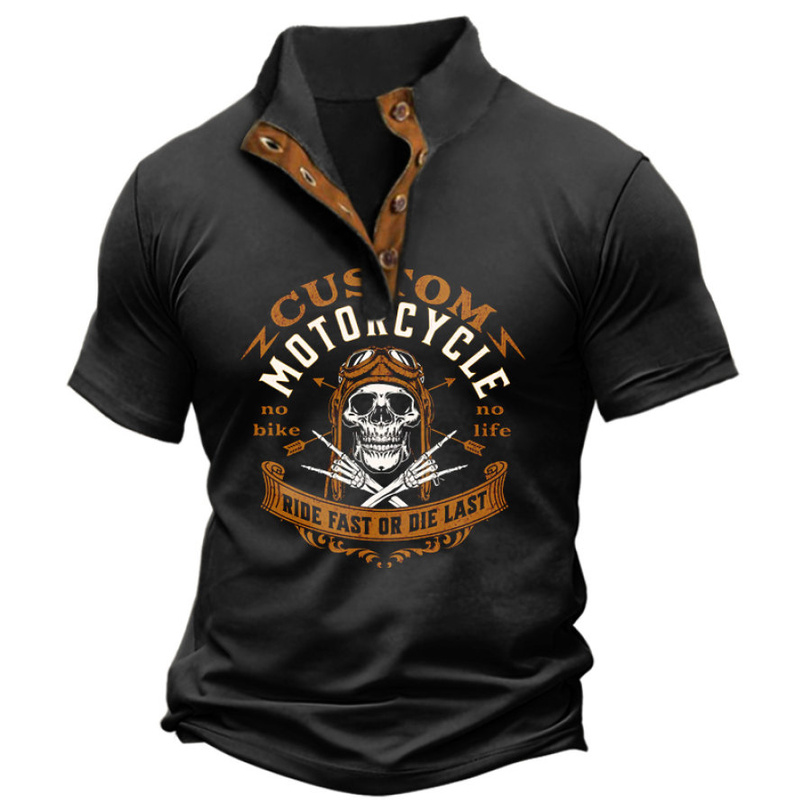 

Camiseta Henley De Manga Corta Con Estampado De Calavera Para Hombre Estilo Informal Con Bloques De Color Para Viaje Por Carretera Y Motocicleta