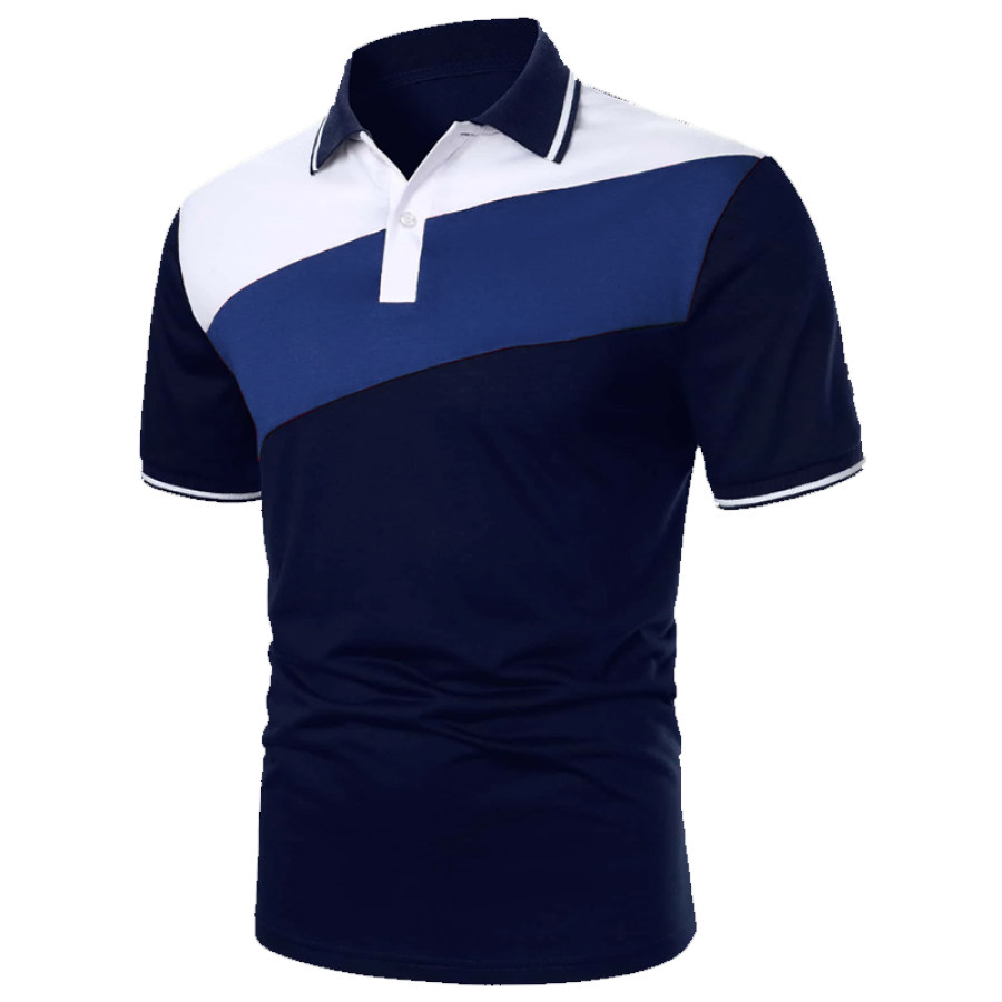 

Men's Diagonal Block Contrast Patchwork Polo Shirt