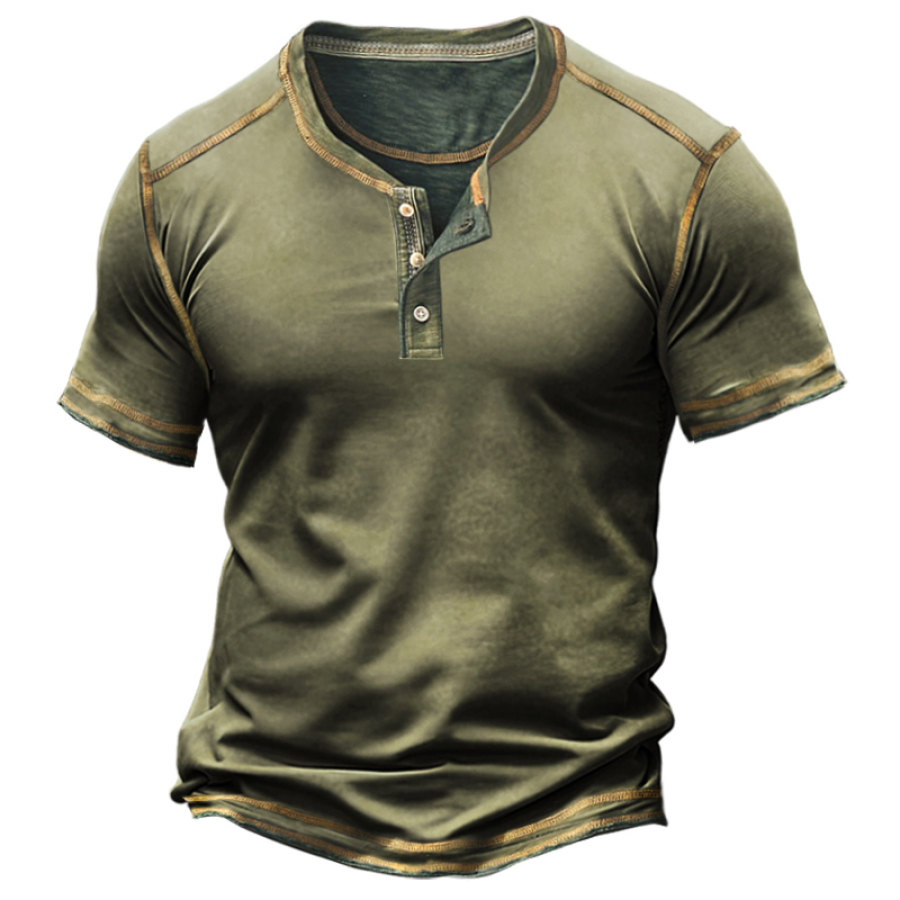 

Мужская футболка Henley в стиле ретро с пуговицами 1/4 и контрастной линией футболка с короткими рукавами