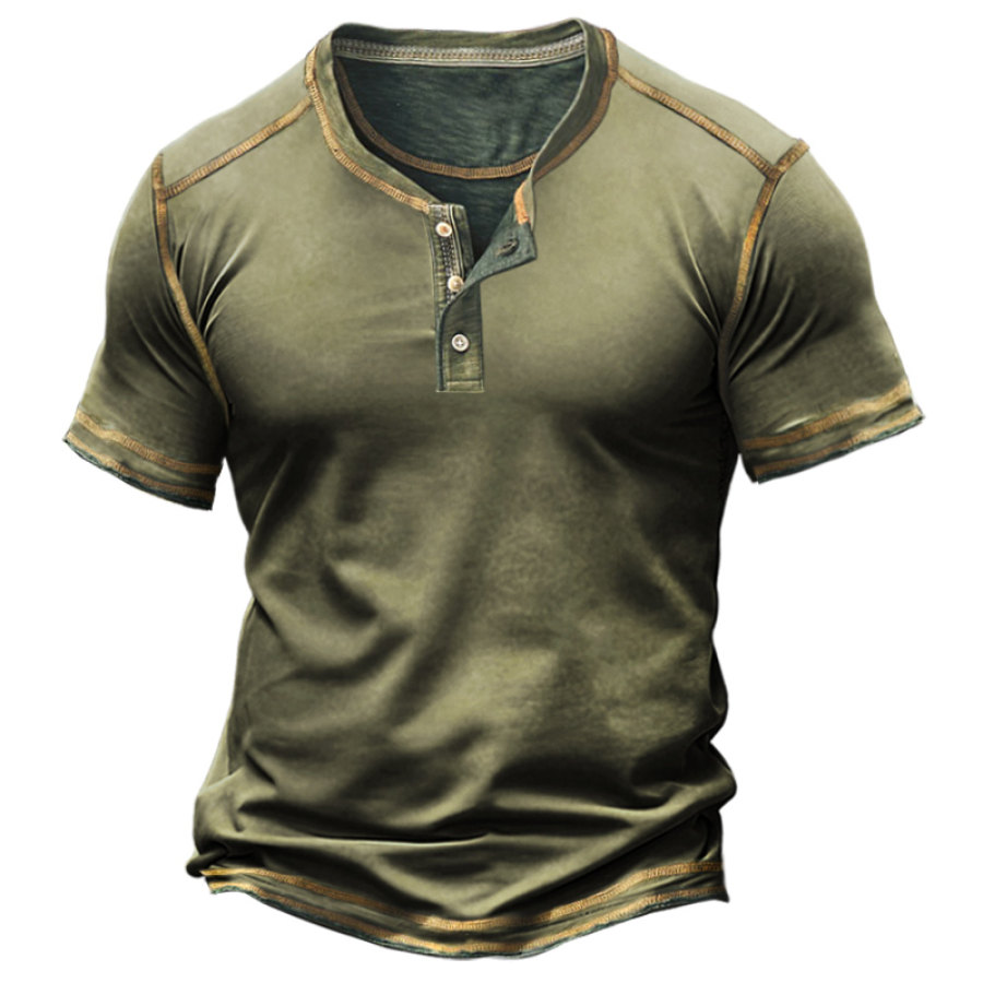 

T-shirt Henley Rétro Pour Hommes Bouton 1/4 Ligne Contrastée Manches Courtes