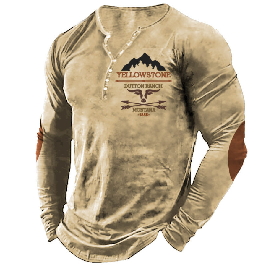 

Herren T-Shirt Henley Yellowstone Dutton Ranch Print Langarm Kontrastfarbe Vintage Daily Tops