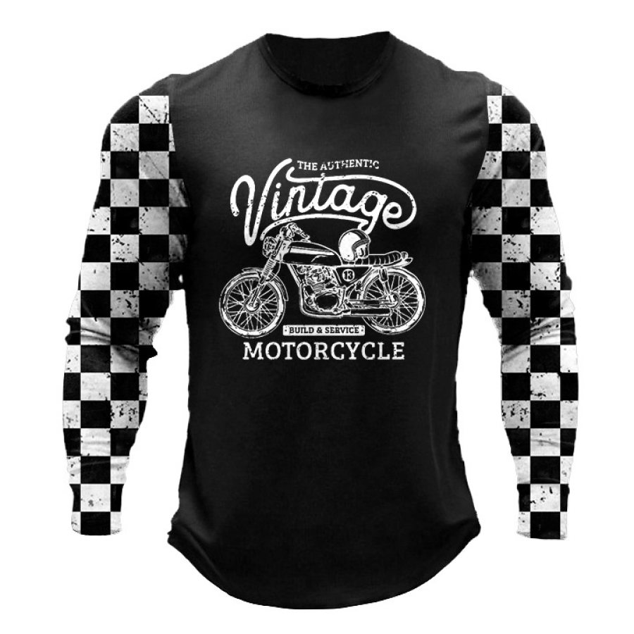 

Men's T-Shirt Motorcycle Checkerboard Print Long Sleeve Vintage Crew Neck Outdoor Daily Tops