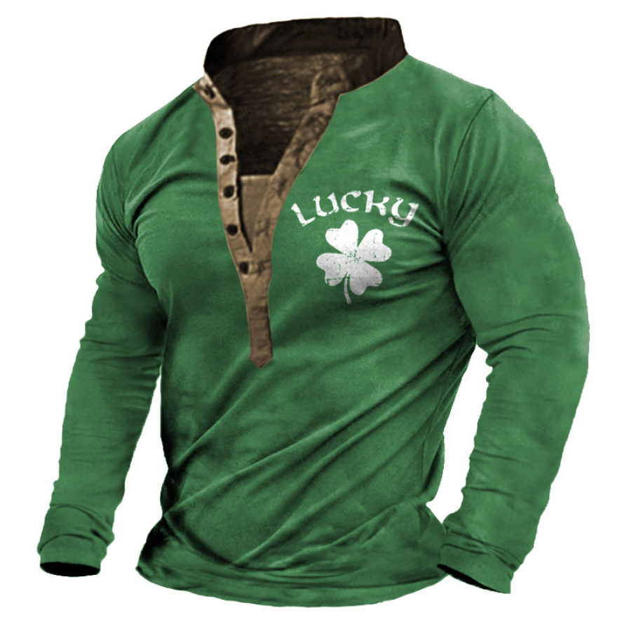 

T-shirt Pour Hommes Henley Lucky St. Patrick's Day Shamrock Vintage Couleur Contrastée Manches Longues Hauts Quotidiens