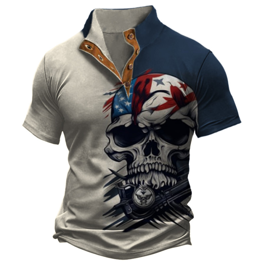 

Men's Skeleton Veteran Patriot Skull Casual Short Sleeve Color Block Henley T-Shirt