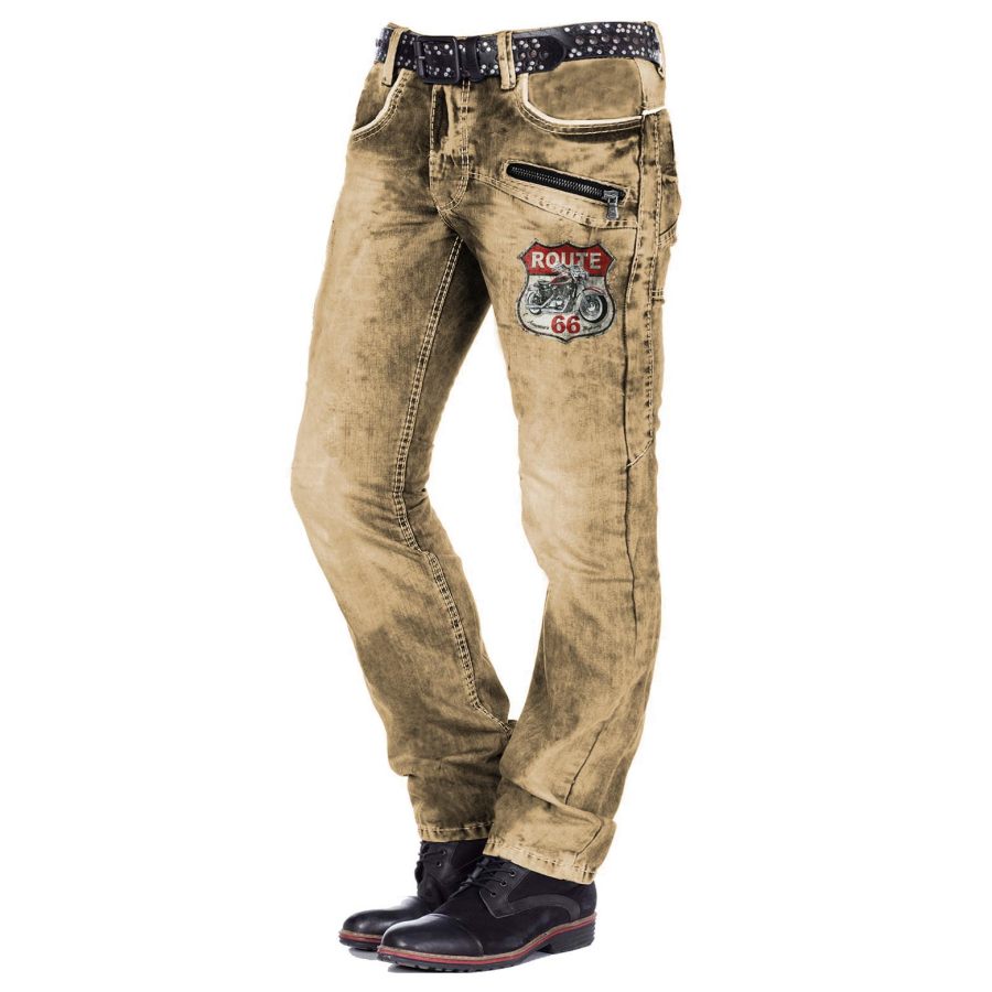 

Pantalones Con Estampado De Motocicletas Ruta 66 Para Hombre Pantalones De Trabajo Diarios De Algodón Lavado Vintage Al Aire Libre